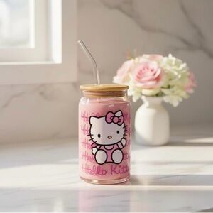Hello Kitty Pink Glass Drinking Jar with Bow Design